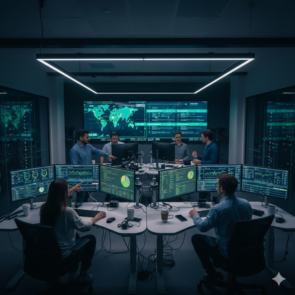 A team of IT professionals collaborating in a modern office